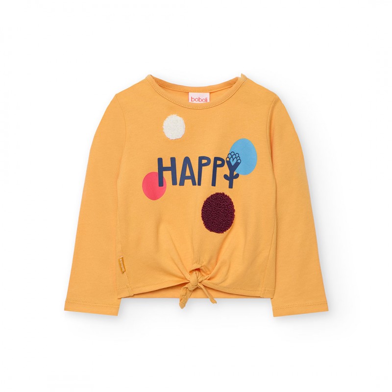 Boboli горчица блуза за момиче с принт "HAPPY" и възел